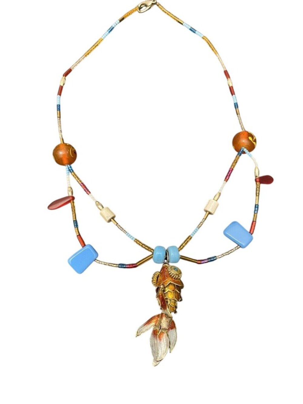 Cloisonne Enamel Articulated Koi Fish Pendant Charm Glass Beads Necklace Vintage